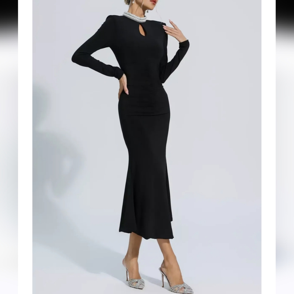 NOWT Catchall Christina Black Pearl Decorated LongSleeve Dress, Sz L - Picture 2 of 16